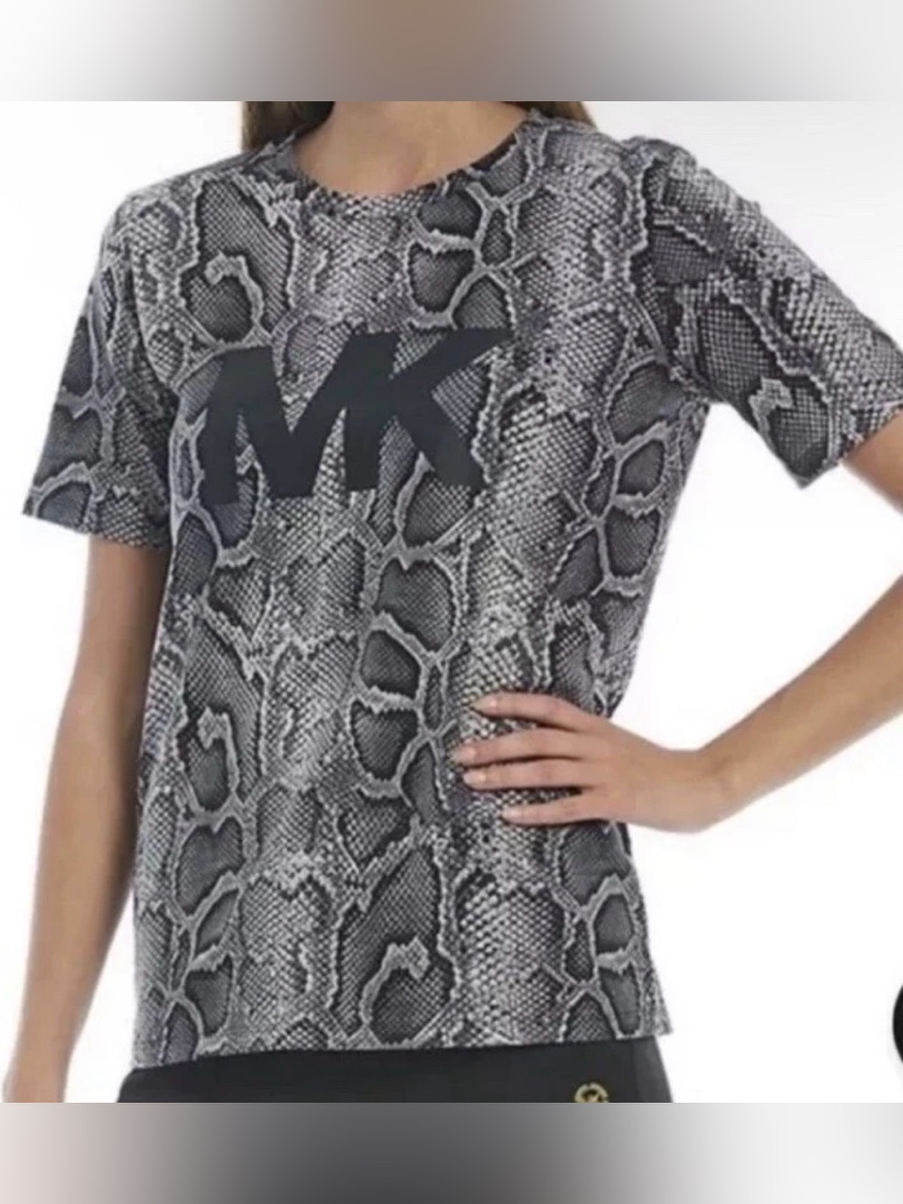 Michael Kors Black & Gray Snake-Print MK Logo Tee Size Small